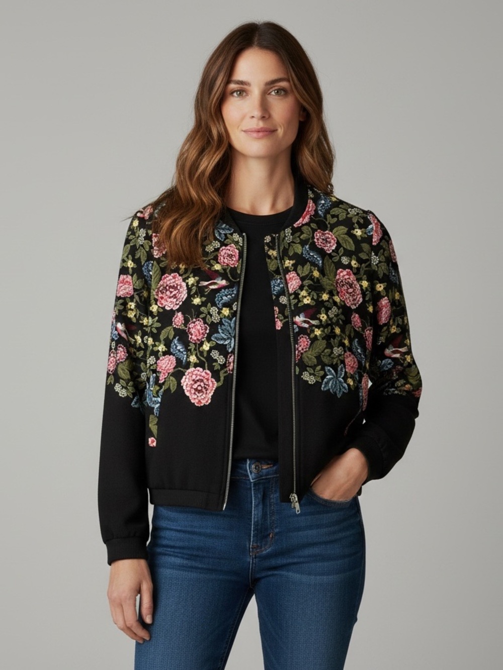 Cotton On Floral Bird Print Bomber Jacket Women’s Size 10 US Black Full Zip